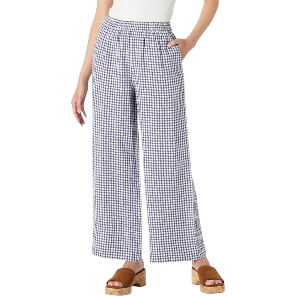 🔥The Drop Women's Standard Bonni Pull On Linen Wide Leg Pant, Blue Gingham